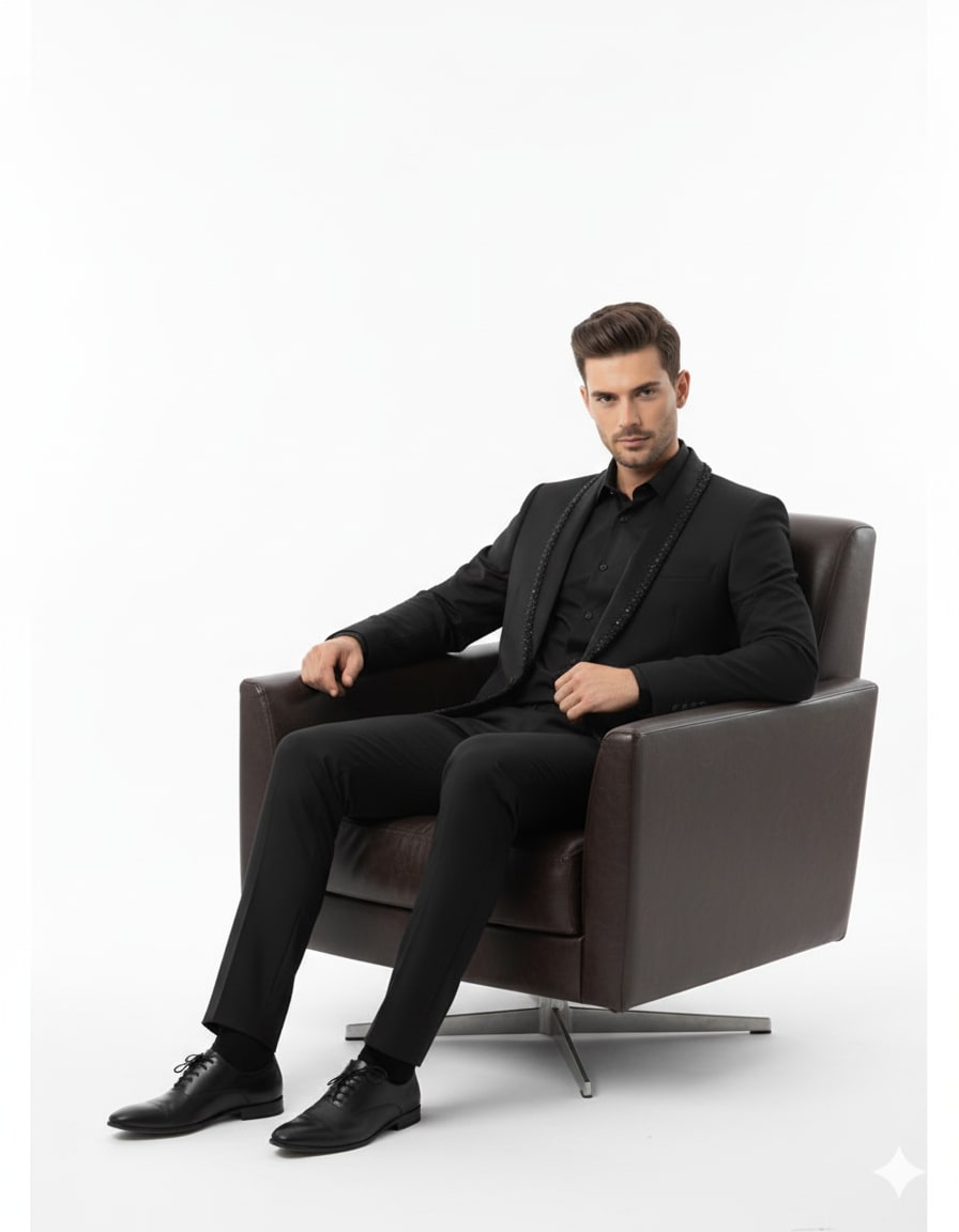 Mens Classic Black Designer Tuxedo Suit with Beaded Lapel – Elegant Formal and Party Wear Jacket and Pants