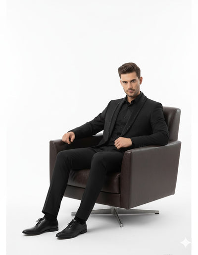 Mens Classic Black Designer Tuxedo Suit with Beaded Lapel – Elegant Formal and Party Wear Jacket and Pants 3   - from alligatorwarehouse.com