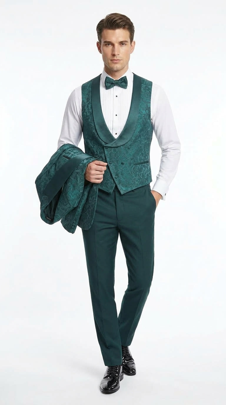 Men’s Hunter Green Paisley Tuxedo – 3 Piece Prom & Wedding Suit with Matching Bow Tie