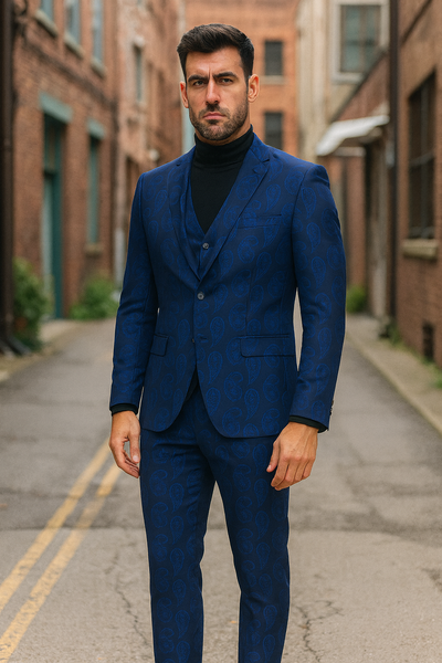 Men’s Saphire Blue Paisley 3-Piece Suit – Slim Fit Designer Tuxedo Set for Weddings and Formal Events in Cobalt Blue Color 1   - from alligatorwarehouse.com