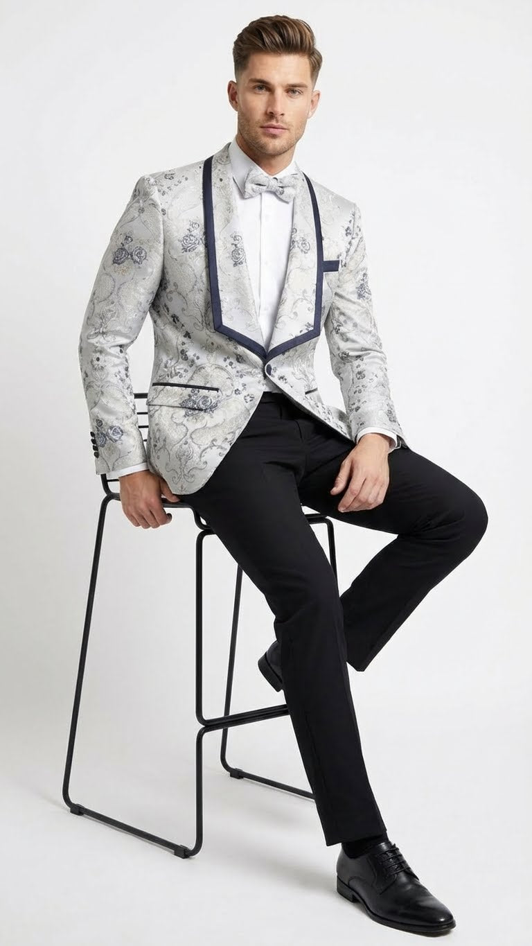 Men’s White and Navy Blue Lapel  Floral Jacquard Blazer with Contrast Shawl Lapel – Luxury Wedding and Party Wear Jacket paisley Tuxedo Navy Pants