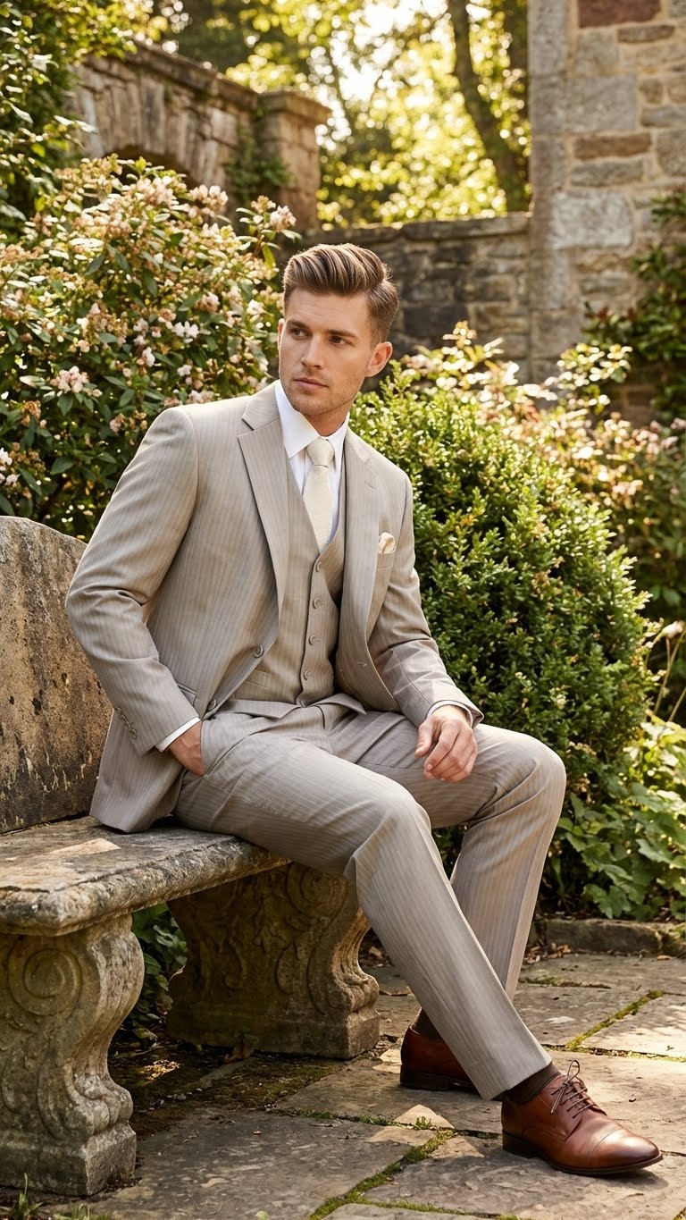 Men’s Light Tan Pinstripe 3 Piece Suit with Jacket, Vest, and Pants | Shadow Stripe Tone Tone Pleated Pants Classic
