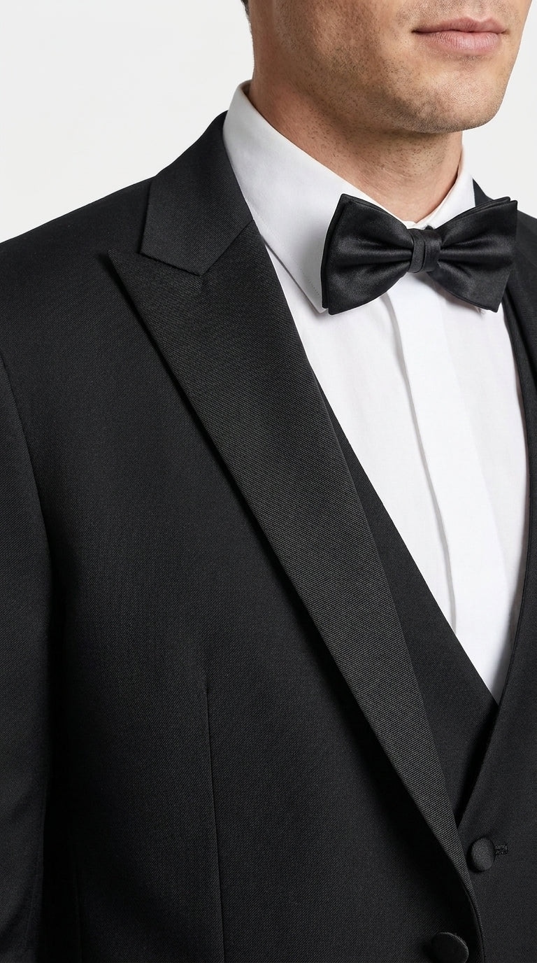 Men’s Black Boot Cut 3-Piece Tuxedo Suit – Peak Lapel Wedding, Prom and Formal Suit 1970s Style