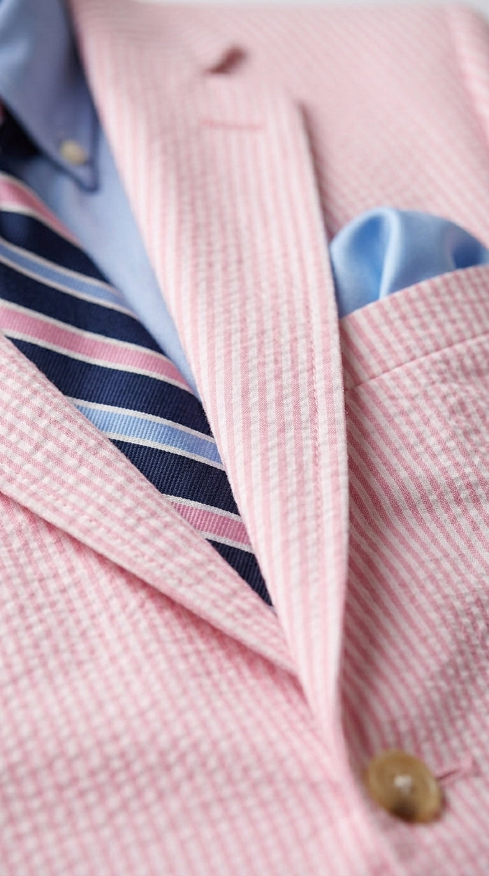 Men’s Pink Seersucker 2 Piece Suit, Lightweight Summer Dress Suit for Weddings, Prom, Parties, and Special Occasions