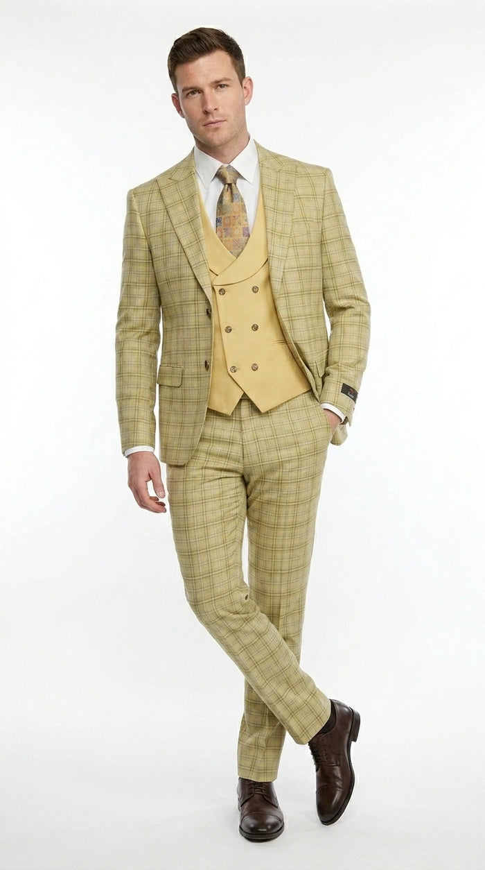 Vitali Men’s Sage Beige Tan Plaid 3 Piece Suit, Check Pattern Formal Dress Suit for Weddings, Prom, Business Events, Modern Fit Light Yellow Color