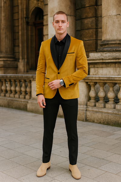 Men’s Mustard Gold Velvet Tuxedo Jacket – Slim Fit Dinner Blazer with Black Satin Shawl Lapel + Free Black Pants & Bowtie 1   - from alligatorwarehouse.com