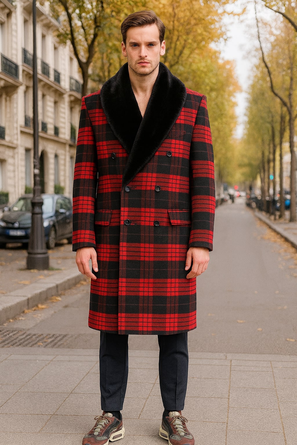 Mens Red and Black Plaid Wool Overcoat with Black Faux Fur Shawl Collar – Double-Breasted Winter Coat - Tartan Design