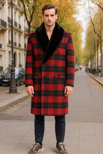 Mens Red and Black Plaid Wool Overcoat with Black Faux Fur Shawl Collar – Double-Breasted Winter Coat - Tartan Design 4   - from alligatorwarehouse.com