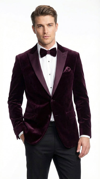 Mens Plum Eggplant Velvet Blazer Jacket – Luxury Velvet Dinner Jacket for Wedding, Tuxedo Events, Formal Parties in Burgundy Color