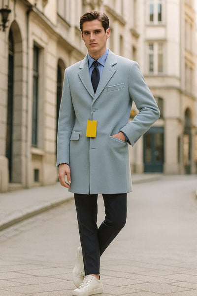 Mens Light Blue Wool Overcoat – Modern Long Coat with Classic Tailored Fit in Sky Blue 4   - from alligatorwarehouse.com