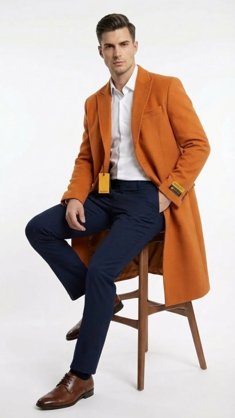 Men’s Orange - Rust Wool Blend Long Overcoat – Topcoat Carcoat Topcoat