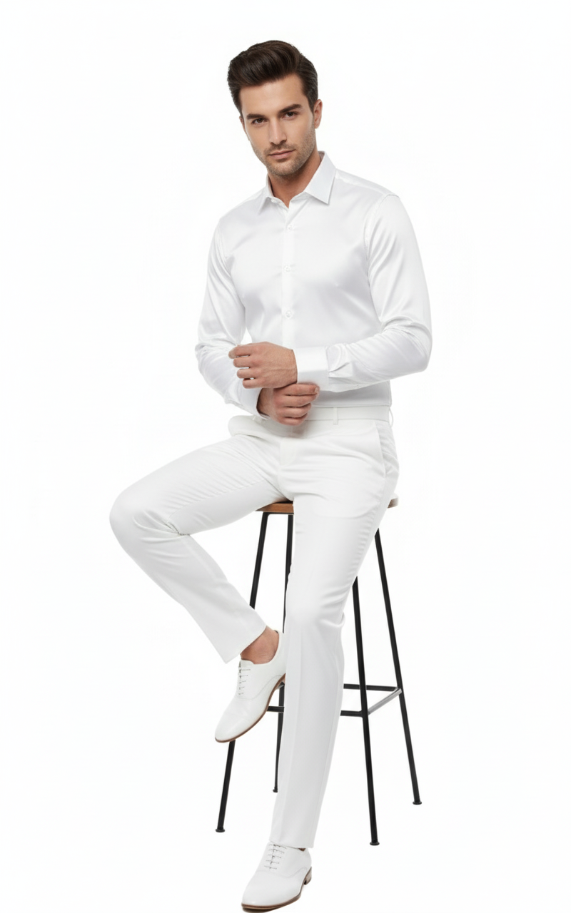 Men’s White Satin Dress Shirt – Classic Long Sleeve Formal Shirt for Weddings, Parties, and Business Wear