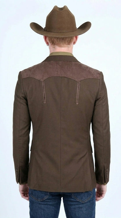 Men’s Dark Brown Western Blazer with Suede Yokes, Cowboy Sport Coat for Ranch Wedding and Country Events