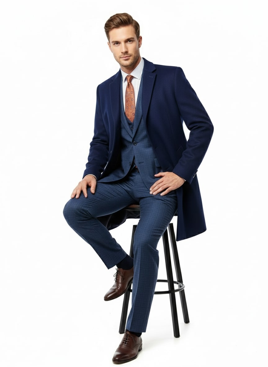 Mens Cobalt Blue Wool and Cashmere Car Coat Overcoat – Classic Winter Topcoat for Indigo Saphire Color (light Navy Dark Royal)