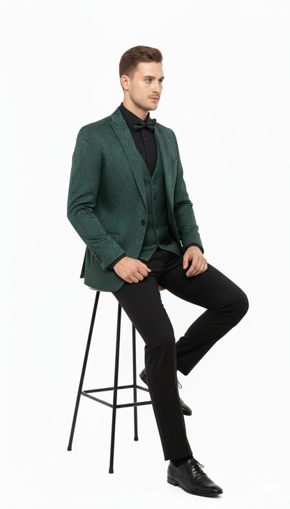 Men’s Emerald Green Paisley Tuxedo 3-Piece Suit – Slim Fit Formal Blazer, Vest, and Pants for Weddings, Proms