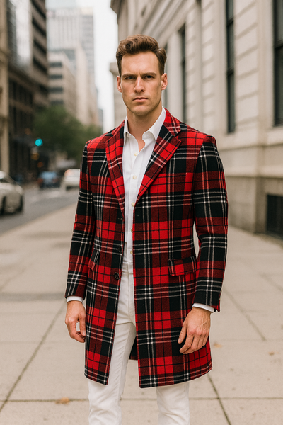Men’s Red Plaid Wool Overcoat – Classic Tartan Check Long Coat for Stylish Winter Wear 1   - from alligatorwarehouse.com