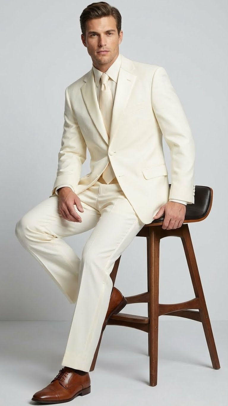Men’s Ivory Tuxedo Suit with Satin Notch Lapel – Formal Wedding and Evening Wear Suit in Cream Off White Color