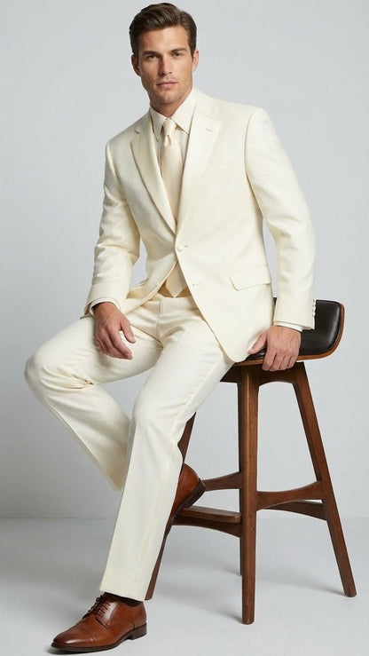 Men’s Ivory Tuxedo Suit with Satin Notch Lapel – Formal Wedding and Evening Wear Suit in Cream Off White Color