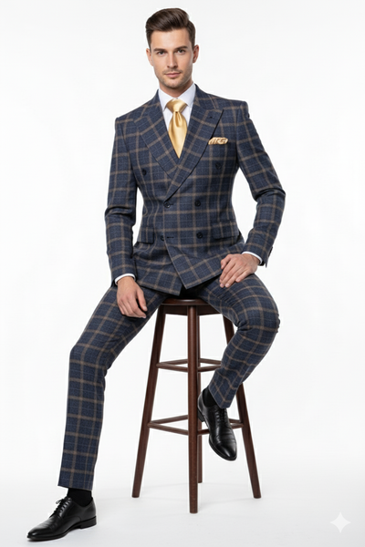 Men’s Navy and Tan Windowpane Double-Breasted Suit | Classic 2-Piece Plaid Dress Suit, Business, and Formal Events By Rossiman 5   - from alligatorwarehouse.com