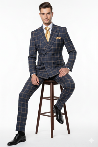 Men’s Navy and Tan Windowpane Double-Breasted Suit | Classic 2-Piece Plaid Dress Suit, Business, and Formal Events By Rossiman