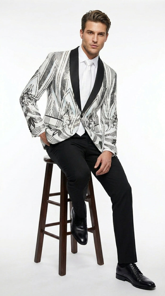 Men’s White and Black Patterned Tuxedo Blazer – Luxury Designer Dinner Jacket for Wedding, Prom and Formal Events New Year Christmas Holiday
