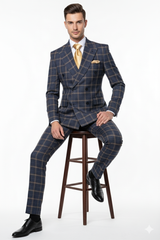 Men’s Navy and Tan Windowpane Double-Breasted Suit | Classic 2-Piece Plaid Dress Suit, Business, and Formal Events By Rossiman
