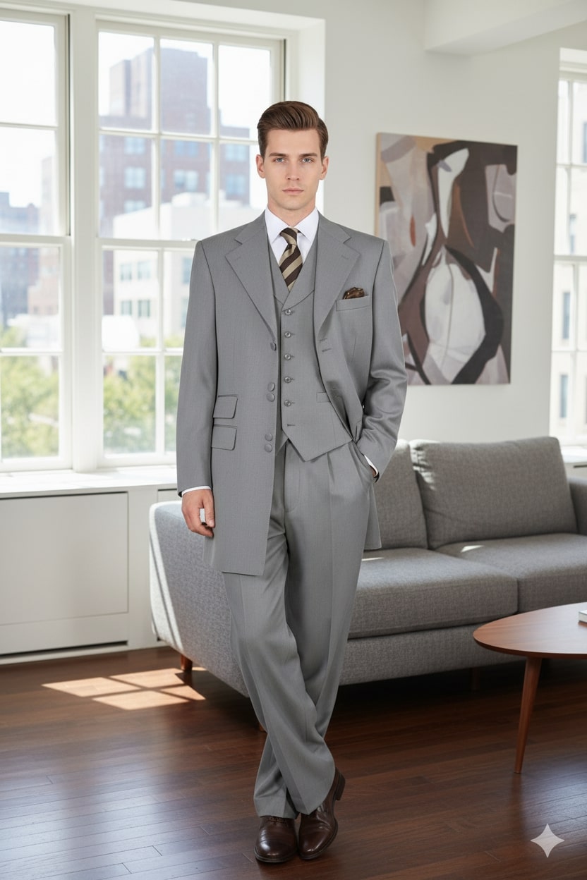 Mens Zoot Suit - Light Gray 3-Piece Suit with Vest – Classic Business and Wedding Formal Wear - 1920s Fashion