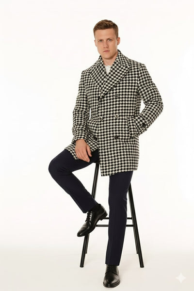 Mens Houndstooth Double-Breasted Overcoats – Classic Black and White Wool Blend Peacoat Wool Fabric 4   - from alligatorwarehouse.com