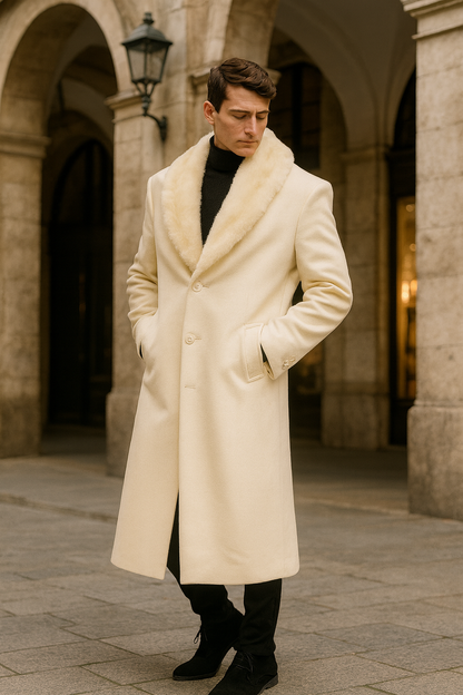 Men’s Ivory Full-Length Overcoat with Luxurious Faux Fur Shawl Collar – Winter Dress Coat