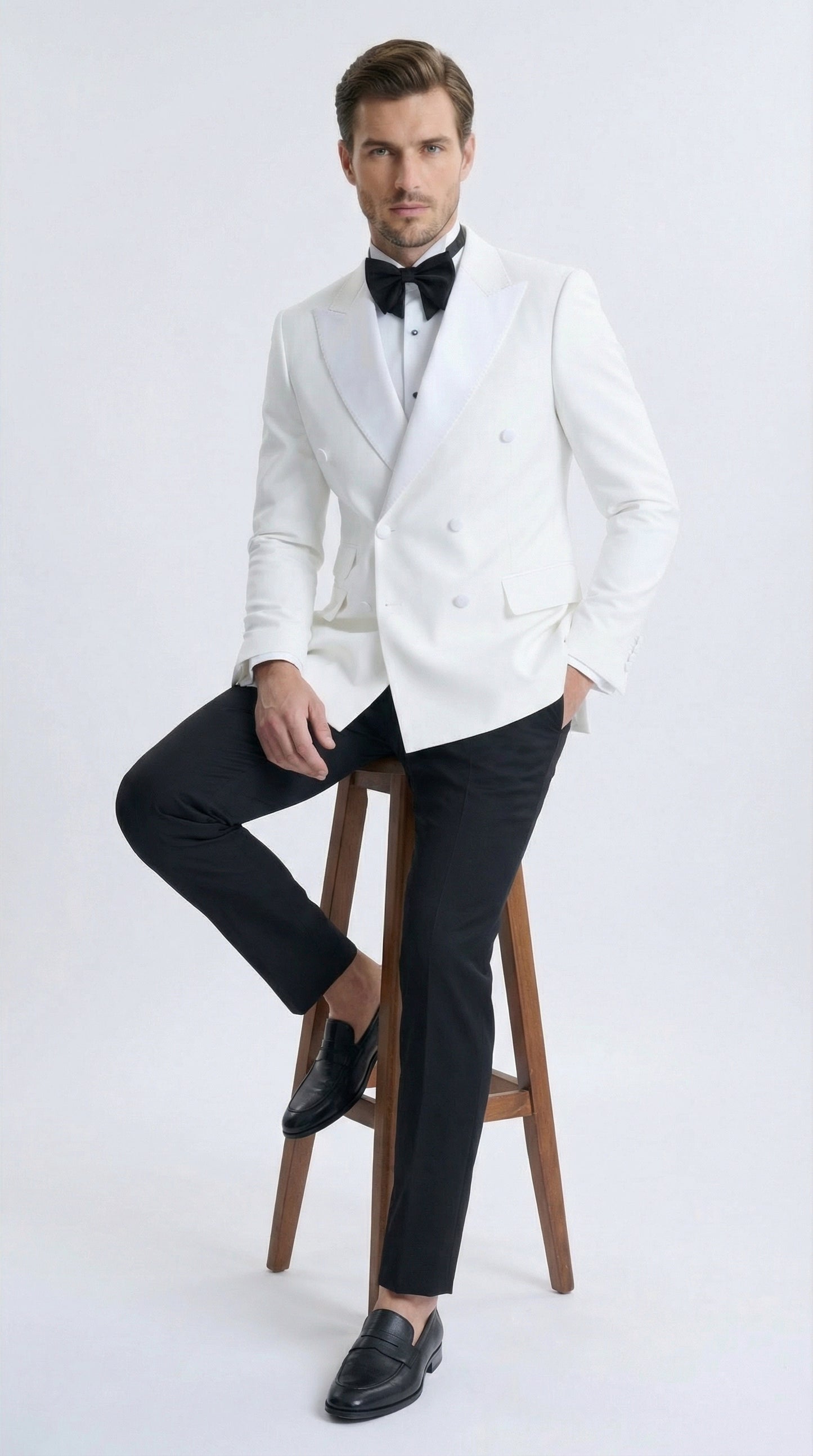 Men’s White Double Breasted Dinner Jacket Blazer with Black Pants – Formal Tuxedo Style Outfit for Weddings