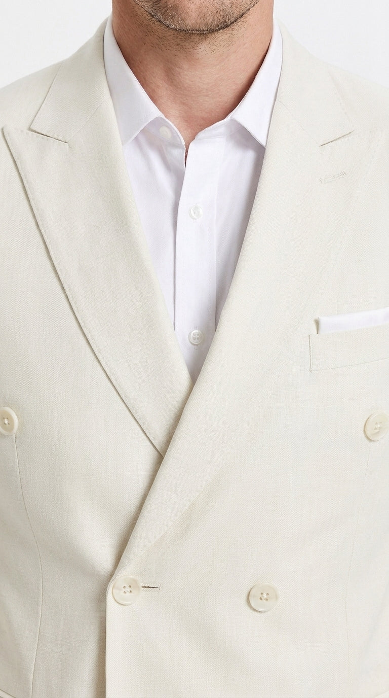 Men’s Ivory Cream Double Breasted Linen Suit – Off-White Summer Wedding Slim Fitted 2-Piece Suit Cream Color