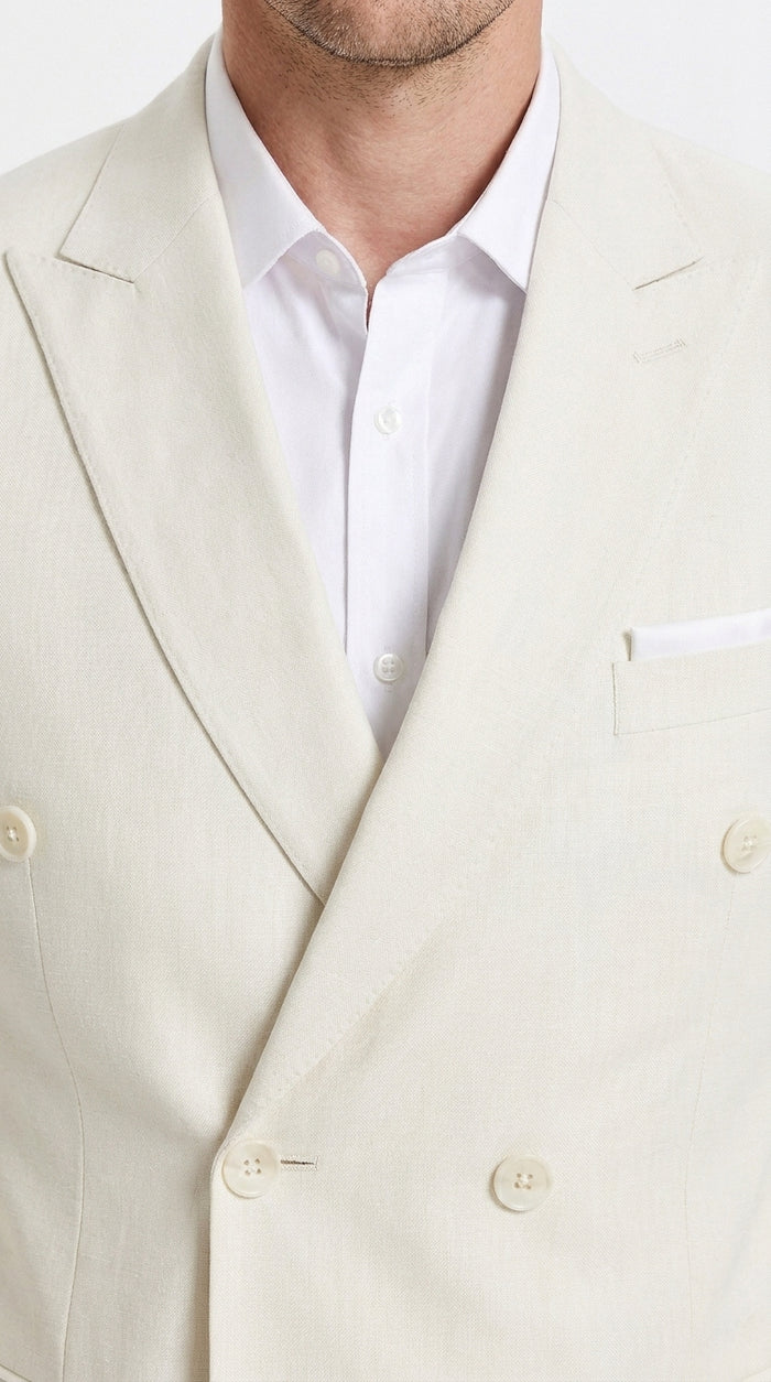 Men’s Ivory Cream Double Breasted Linen Suit – Off-White Summer Wedding Slim Fitted 2-Piece Suit Cream Color