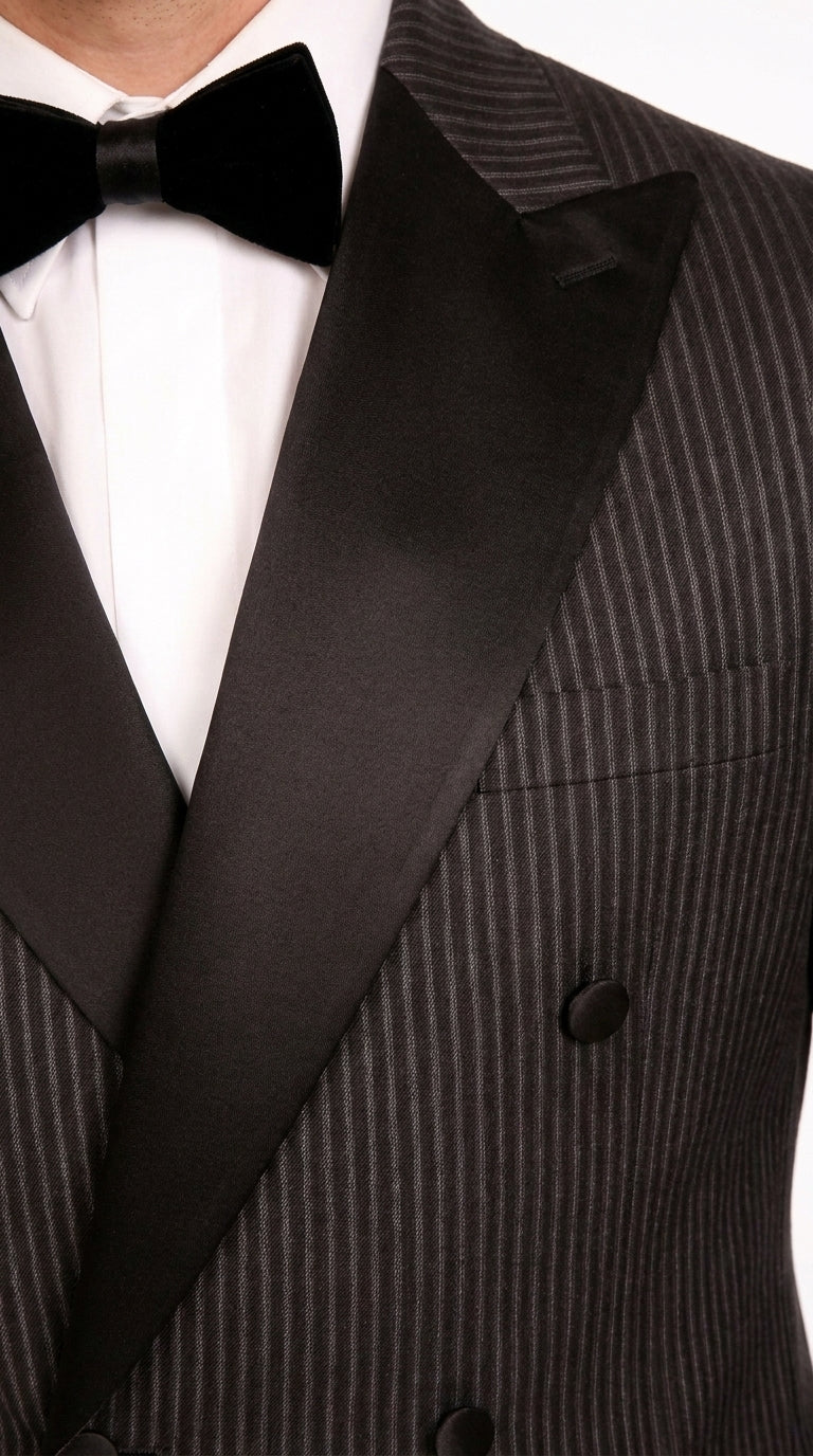 Men’s Black Shadow Pinstripe Double-Breasted Tuxedo Tone on Tone Formal Wedding  Suit Modern Fit 1920s Style
