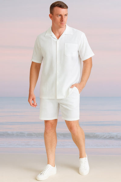 Mens White Seersucker Short Set – Lightweight Summer Outfit with Shirt and Shorts 4   - from alligatorwarehouse.com