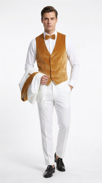 Men's White & Gold Tuxedo – Velvet Shawl Lapel 3 Piece Wedding & Prom Suit