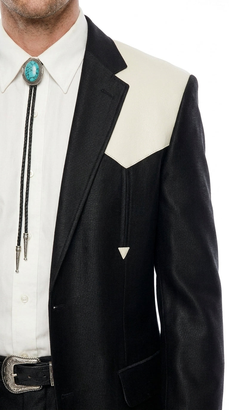 Men's Black Western Suit with White Shoulder Yoke – 2 Piece Cowboy Wedding Suit & Western Blazer with Matching Dress Pants