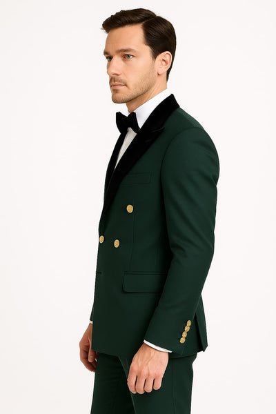 Men's Green Double-Breasted Wedding Tuxedo with Black Velvet Lapel and Gold Buttons 3   - from alligatorwarehouse.com