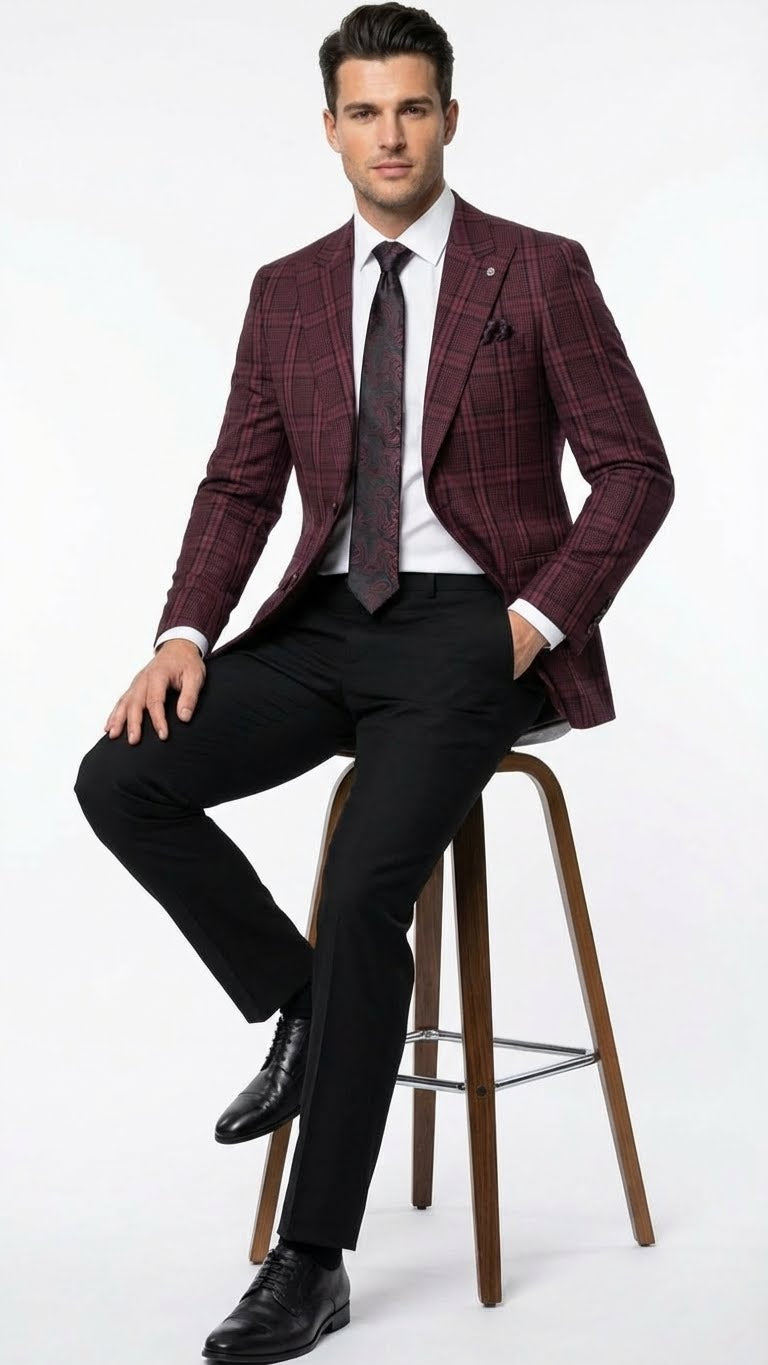 Men’s Burgundy Check Blazer – Windowpane Plaid blazer in Maroon Wine Color