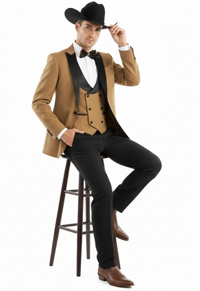 Men’s Western Cowboy Tuxedo – Tan and Black 3-Piece Suit with Satin Lapel and Vest in Mocca Coffee Color 4   - from alligatorwarehouse.com