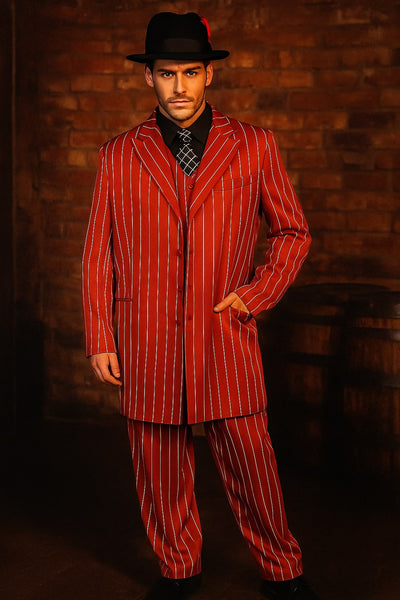 Men’s Red Pinstripe Zoot Suit – 1920s Gangster Pimp Style with Long Jacket & Matching Hat 4   - from alligatorwarehouse.com