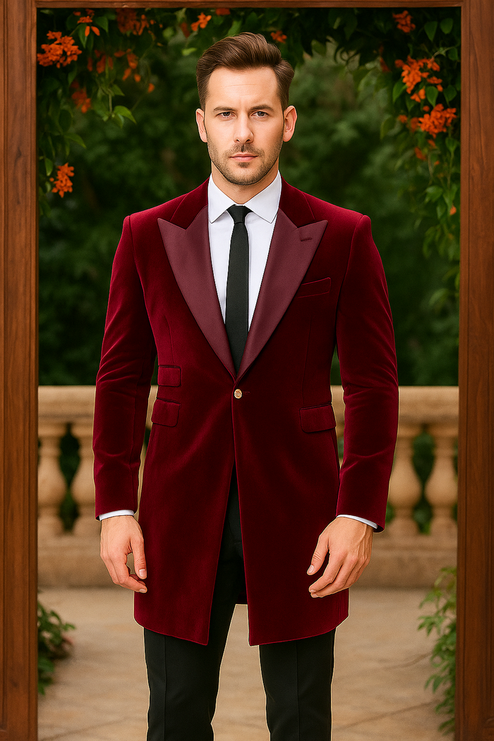 Men’s Burgundy Tuxedo in  Velvet  Long Blazer – Victorian Cutaway Tuxedo  Suit 1920s Gangster Style Long Jacket with Black Pants