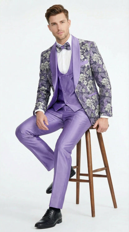 Men’s Purple Floral Prom Suit with Shawl Lapel – Luxury Formal Tuxedo Outfit for Prom, Wedding and Special Events