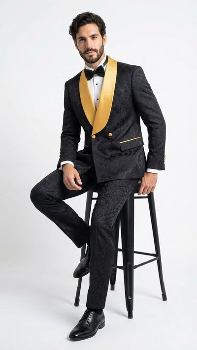 Men’s Black and Gold Jacquard Tuxedo Suit – Luxury Slim Fit Formal Wedding, Prom, and Gala Outfit 4   - from alligatorwarehouse.com
