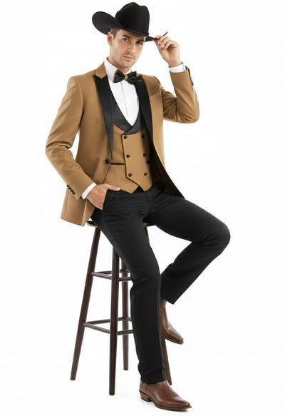 Mens Western Cowboy Tuxedo – Tan and Black 3-Piece Suit with Satin Lapel and Vest in Mocca Coffee Color 4   - from alligatorwarehouse.com