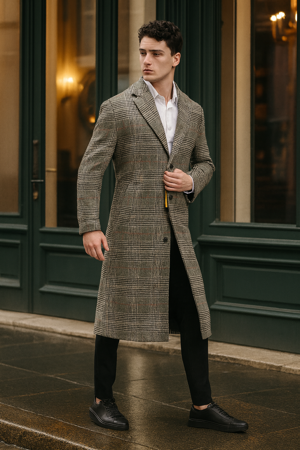 Men’s Full length  Long Plaid Overcoat – Classic Checkered Wool Blend Winter Coat in Gray Color Checkered 3   - from alligatorwarehouse.com
