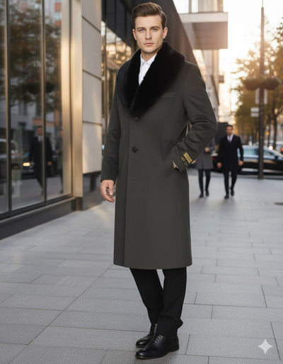Mens Full Length Olive Overcoat with Black Fur Collar – Luxury Wool Fabric Winter Long Coat in Hunter Green 4   - from alligatorwarehouse.com