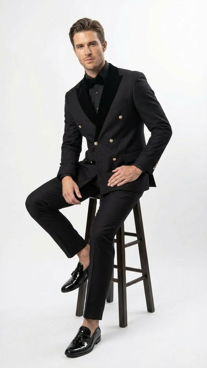 Men’s Black Double Breasted Tuxedo Suit – Luxury Formal Dinner Jacket Gold Buttons Velvet Lapel