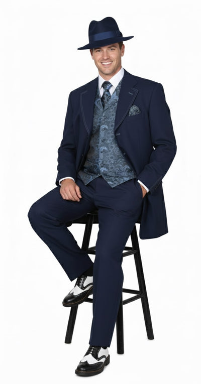 Mens 1920s Navy Blue Zoot Suit – Vintage Gangster 3-Piece Long Jacket Suit Classic Fit Pleated Pants 4   - from alligatorwarehouse.com