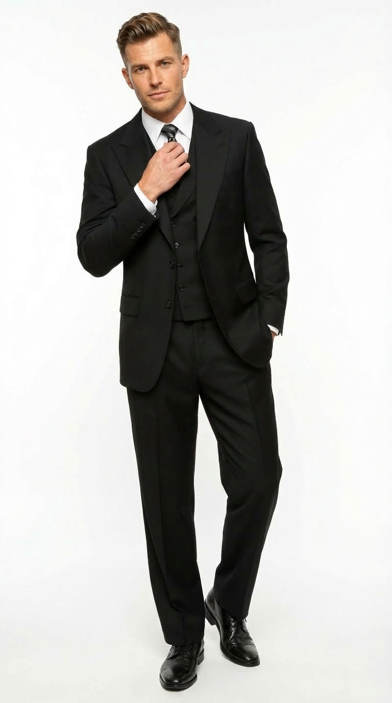 Tiglio Mens Black 3 Piece Suit – Single Button Classic Fit Pleated Wide Leg Pants Formal Business Church Suit - 100% Wool