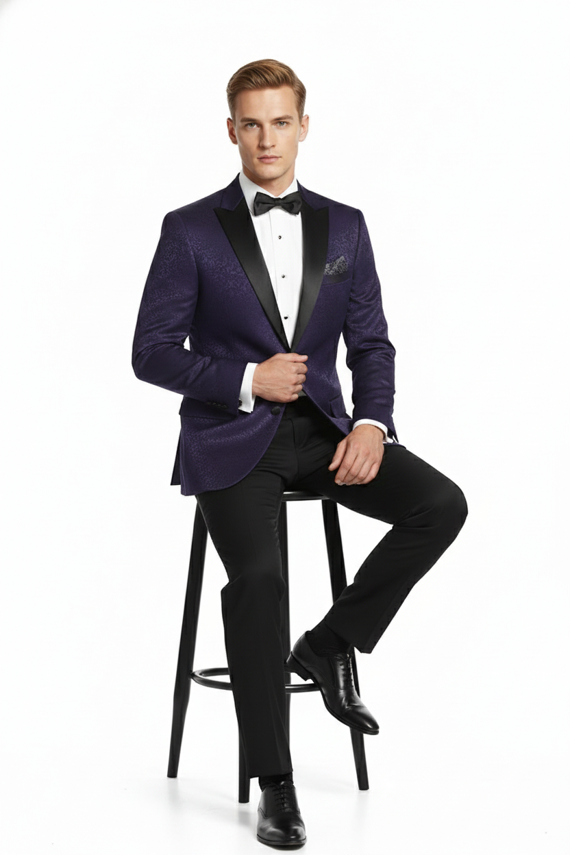 Men’s Purple Paisley Tuxedo Jacket – Ultra Slim Fit Dinner Blazer with Black Satin Peak Lapel